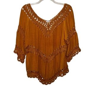 Vivid New York Crocheted Boho Top Mustard Yellow Size 1X